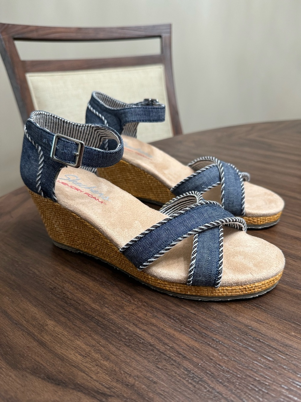 Skechers Cali Monarchs Lil Sweethearts Wedge Sandals Women's 6 Navy Memory Foam